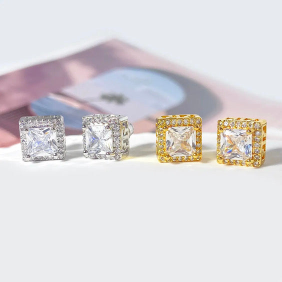 Square Design with Cubic Zirconia Earrings Stud halo style